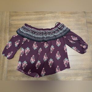 Mine burgundy off the shoulder cropped floral top